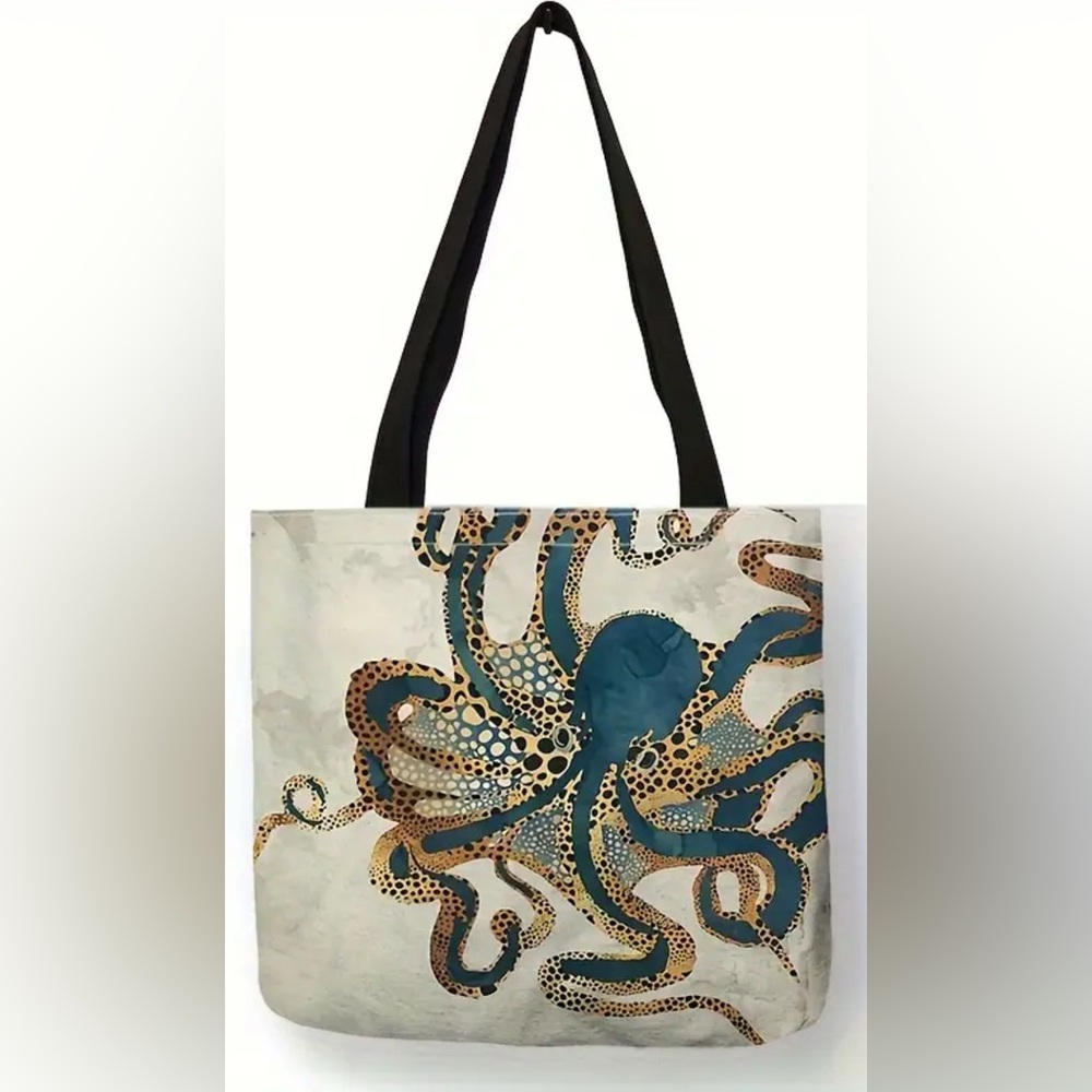 Stylish Octopus Print Tote Bag - Blue and Gold
